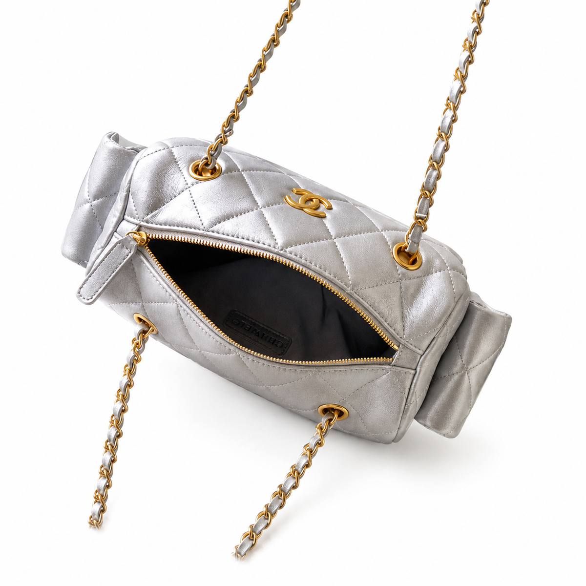 Chanel Metallic Silver Crinkled Leather Quilted Camera Bag | Gold CC, Mixed-Metal Chain & Side Pockets