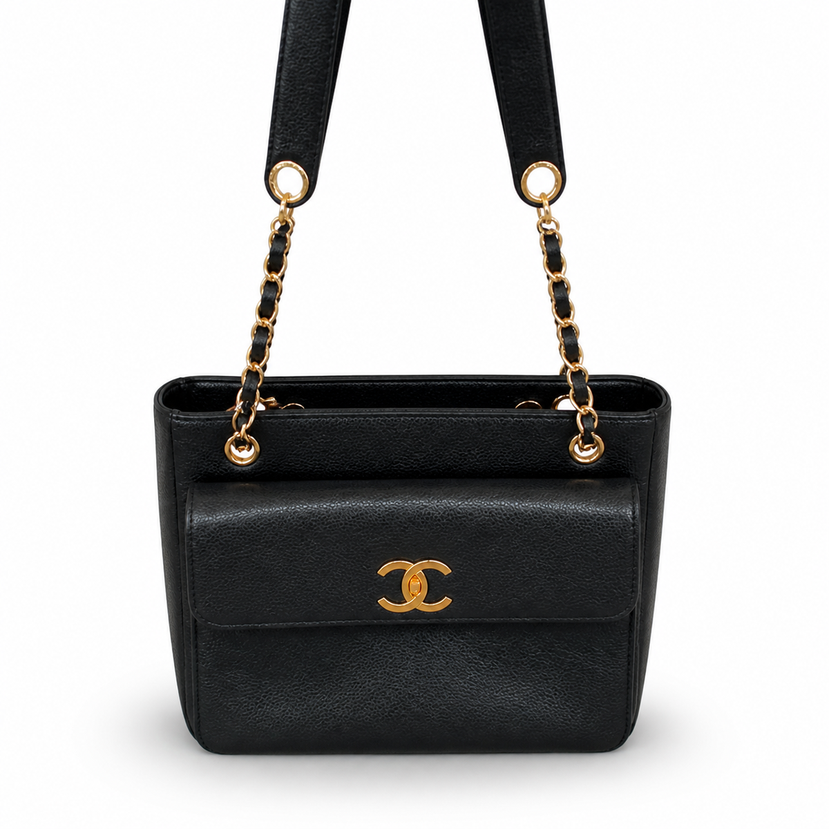 Chanel Black Caviar Open-Top Tote | Built-In Front CC Flap Pocket & Gold Chain Straps — 26cm