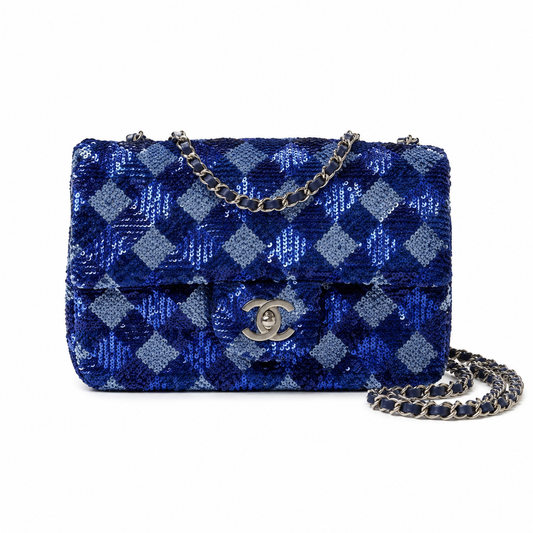 Chanel Royal Blue & Sky Blue Tartan Sequin Flap Bag | Navy Leather Interior, Silver Ball CC & Navy Chain