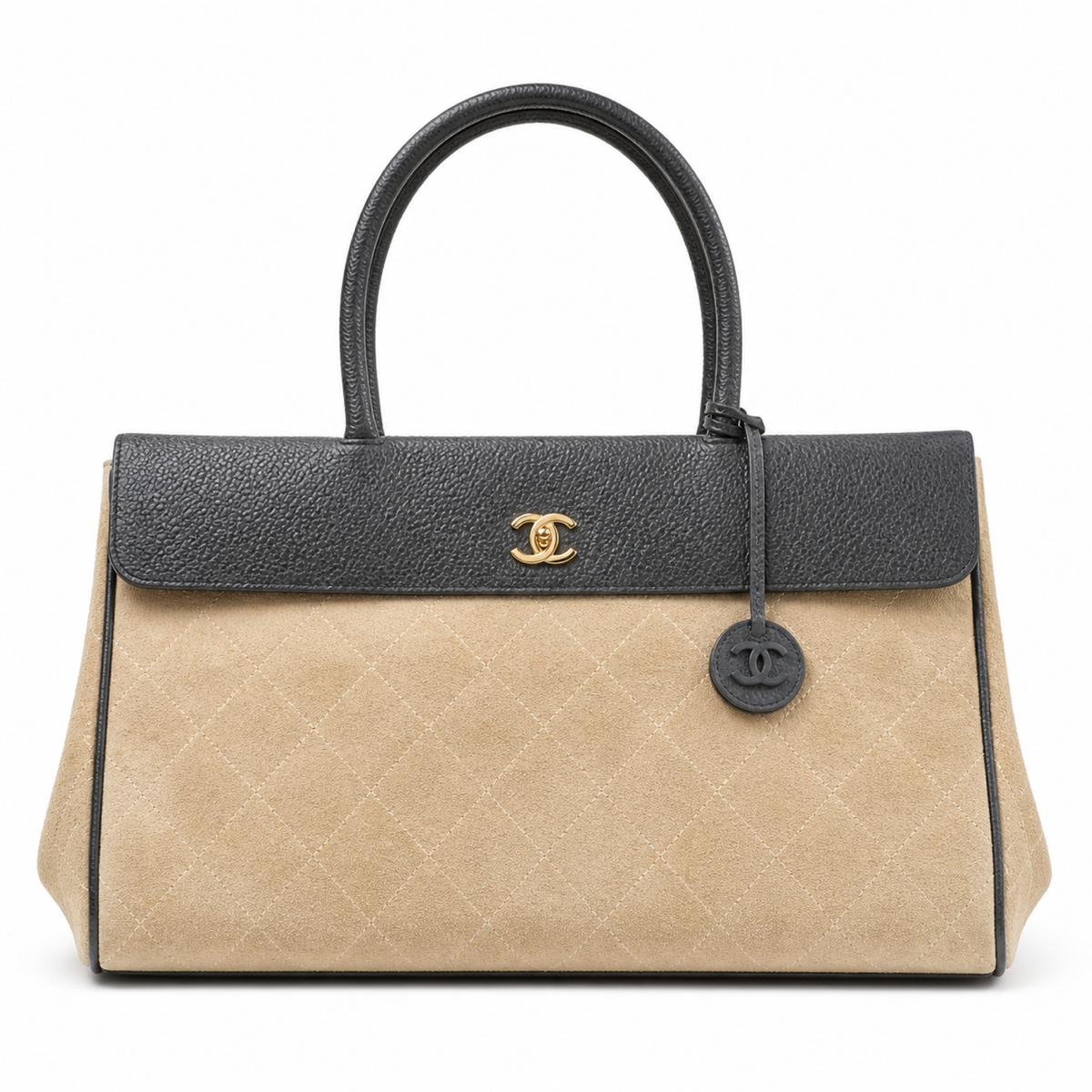 Chanel Medium Executive Tote Beige Quilted Suede & Charcoal Leather | Gold CC Turn-Lock — 38cm