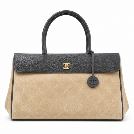 Chanel Medium Executive Tote Beige Quilted Suede & Charcoal Leather | Gold CC Turn-Lock — 38cm