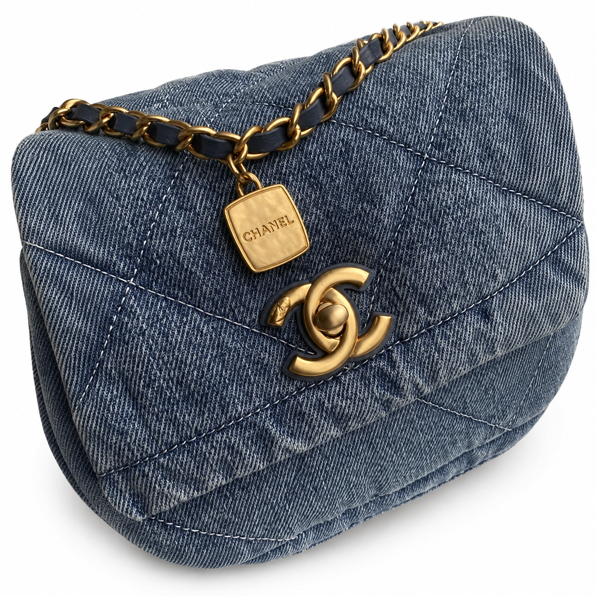 Chanel Denim Soft Hobo Tote | CC Charm Gold Double Chain Light Blue — 35x24cm