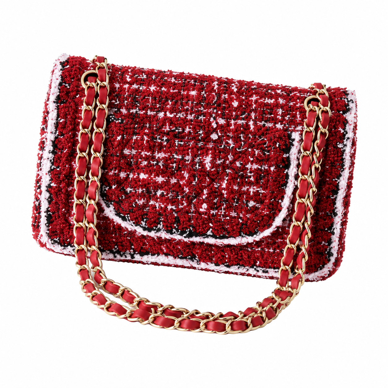 Chanel Classic Double Flap Tweed Red Pink Black White Gold 25cm