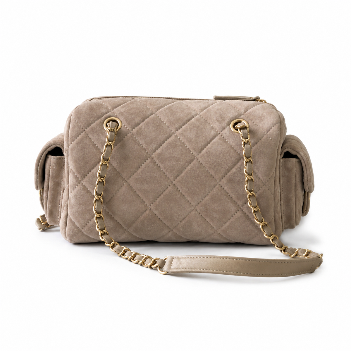 Chanel Warm Taupe Suede Quilted Camera Bag | Full-Length Gold Zipper, Dual Side Pockets & Double Chain