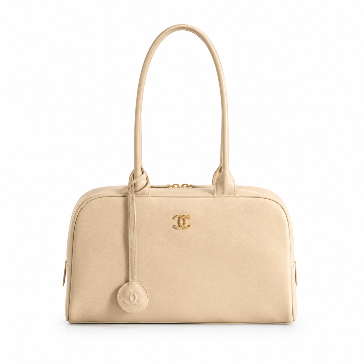 Chanel Bowling Bag Cream Ivory Smooth Lambskin | Gold CC Logo & CC Charm Ball — 29cm