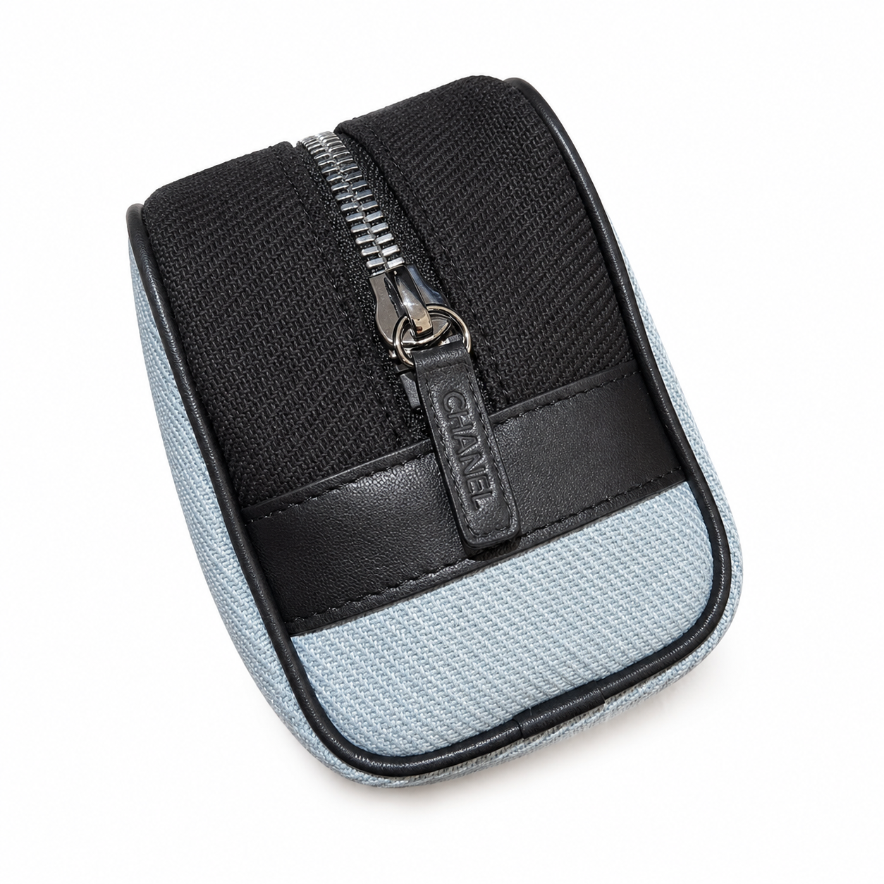 Chanel Powder Blue Canvas Camera Bag | Black CC Appliqué, Black Leather Trim & Double Zip