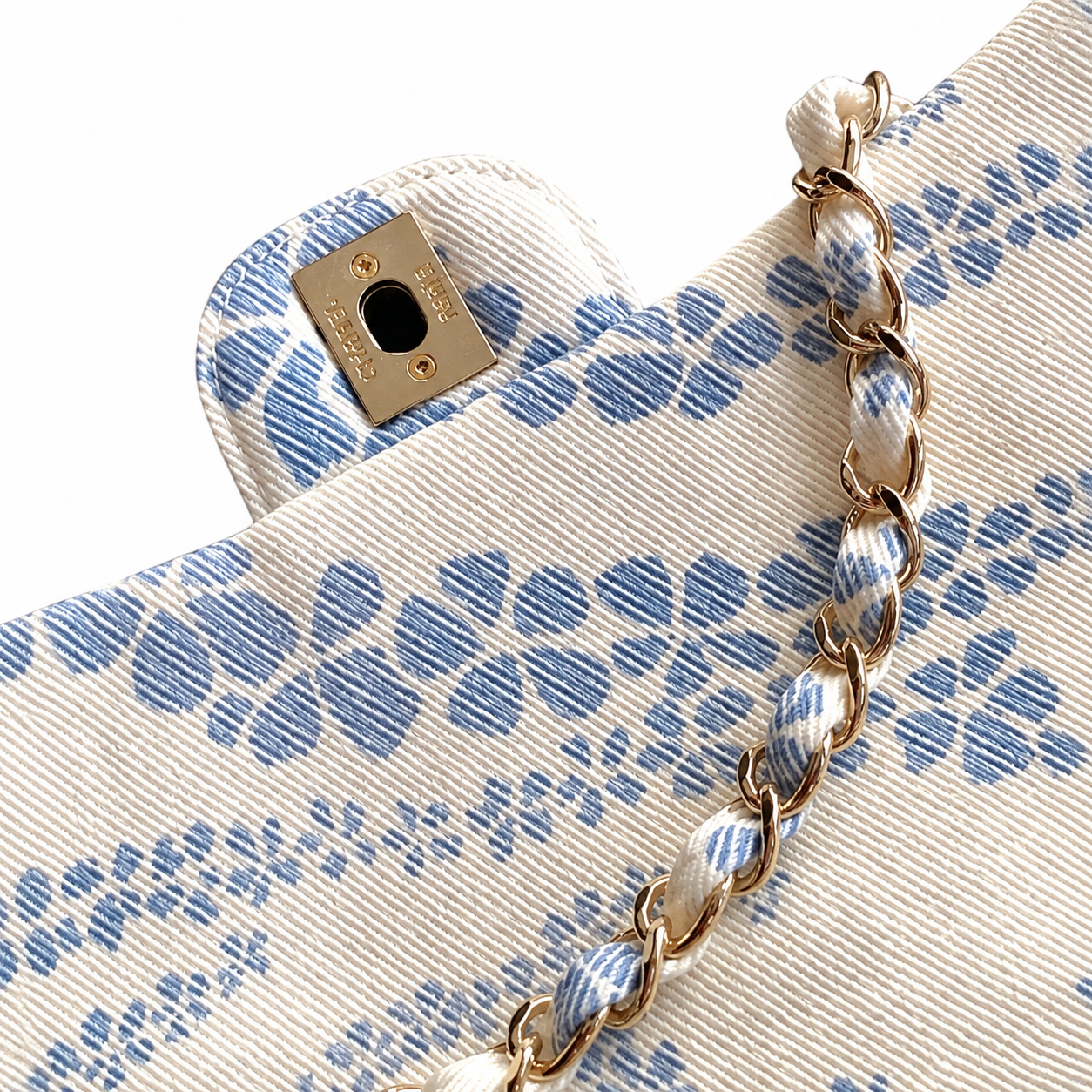 Chanel White & Powder Blue Floral Twill Jacquard Small Classic Flap Bag | Matching Floral Interior, Gold CC Turn-Lock & White Fabric Chain