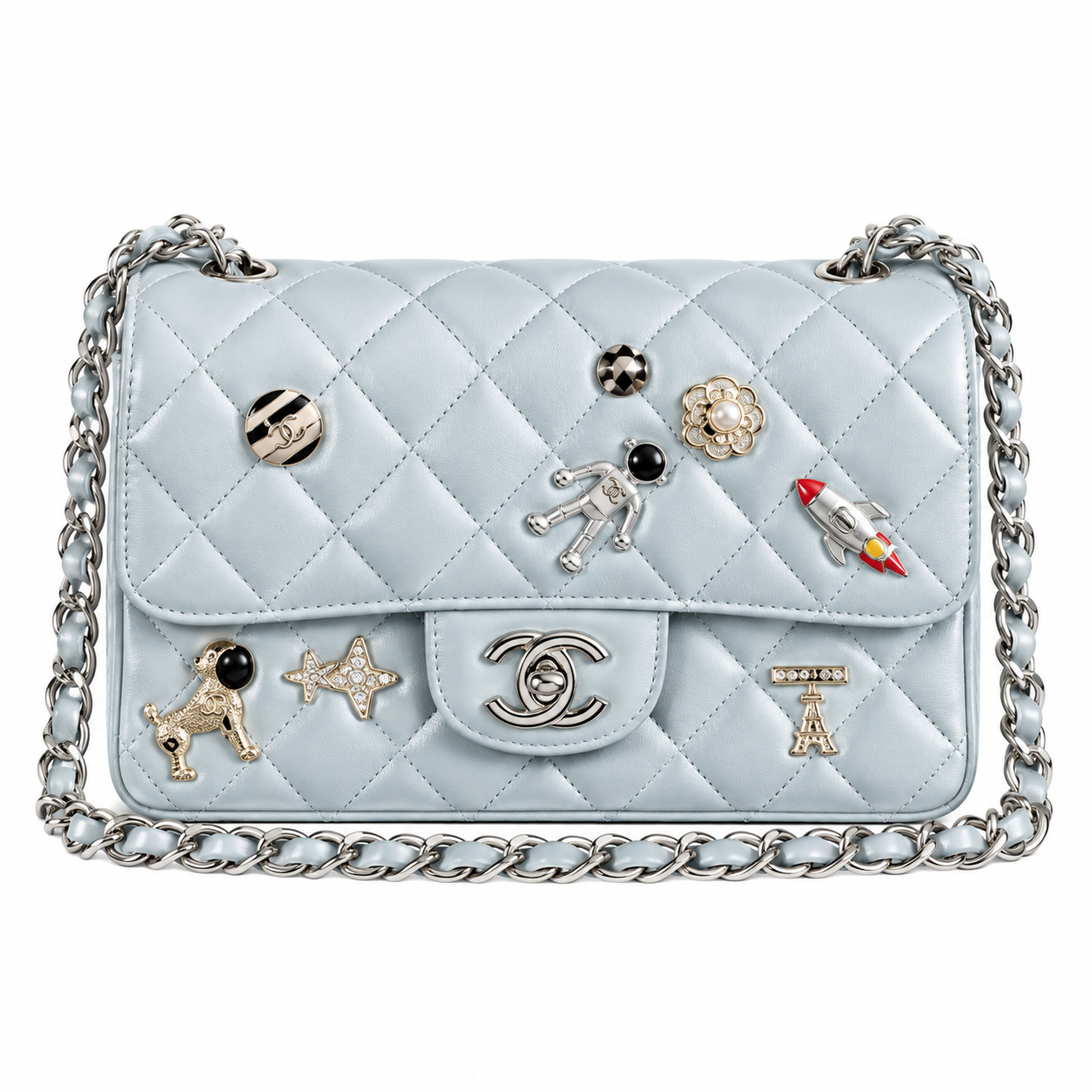 Chanel Mini Classic Flap Space Charm Ice Blue Lambskin Silver 20cm