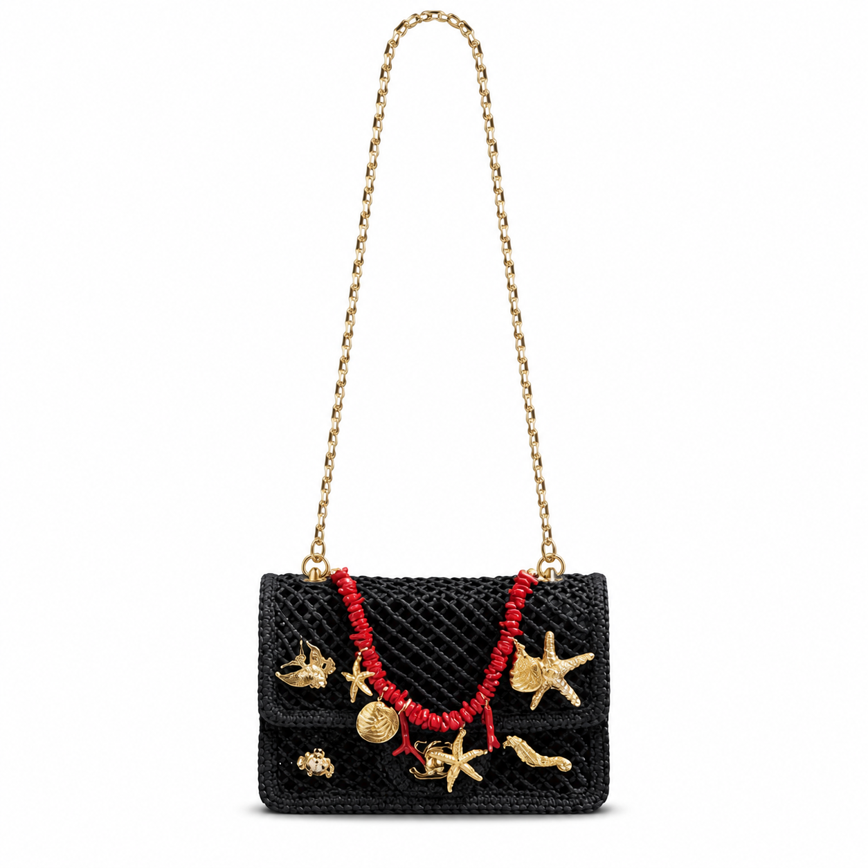 Chanel Black Crochet Classic Flap | Gold Marine Charms & Red Macramé — 21cm