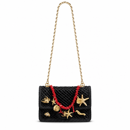 Chanel Black Crochet Classic Flap | Gold Marine Charms & Red Macramé — 21cm