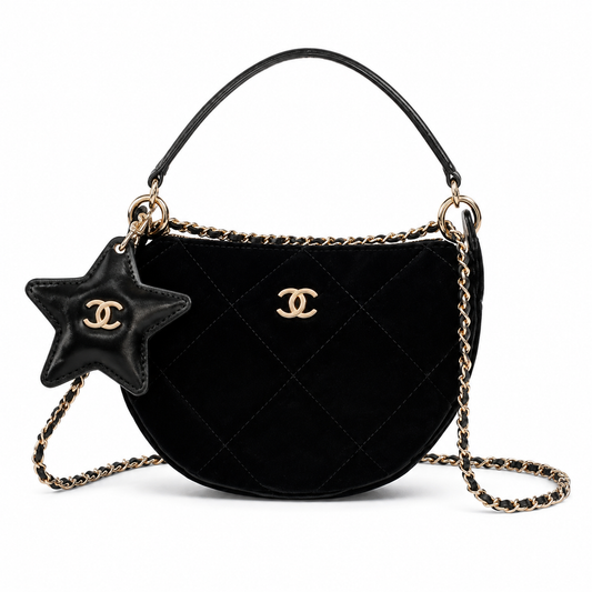 Chanel Black Suede Vertical Quilt Flap Bag | Oversized Gold CC Turn-Lock & CHANEL-Engraved Chain Ring