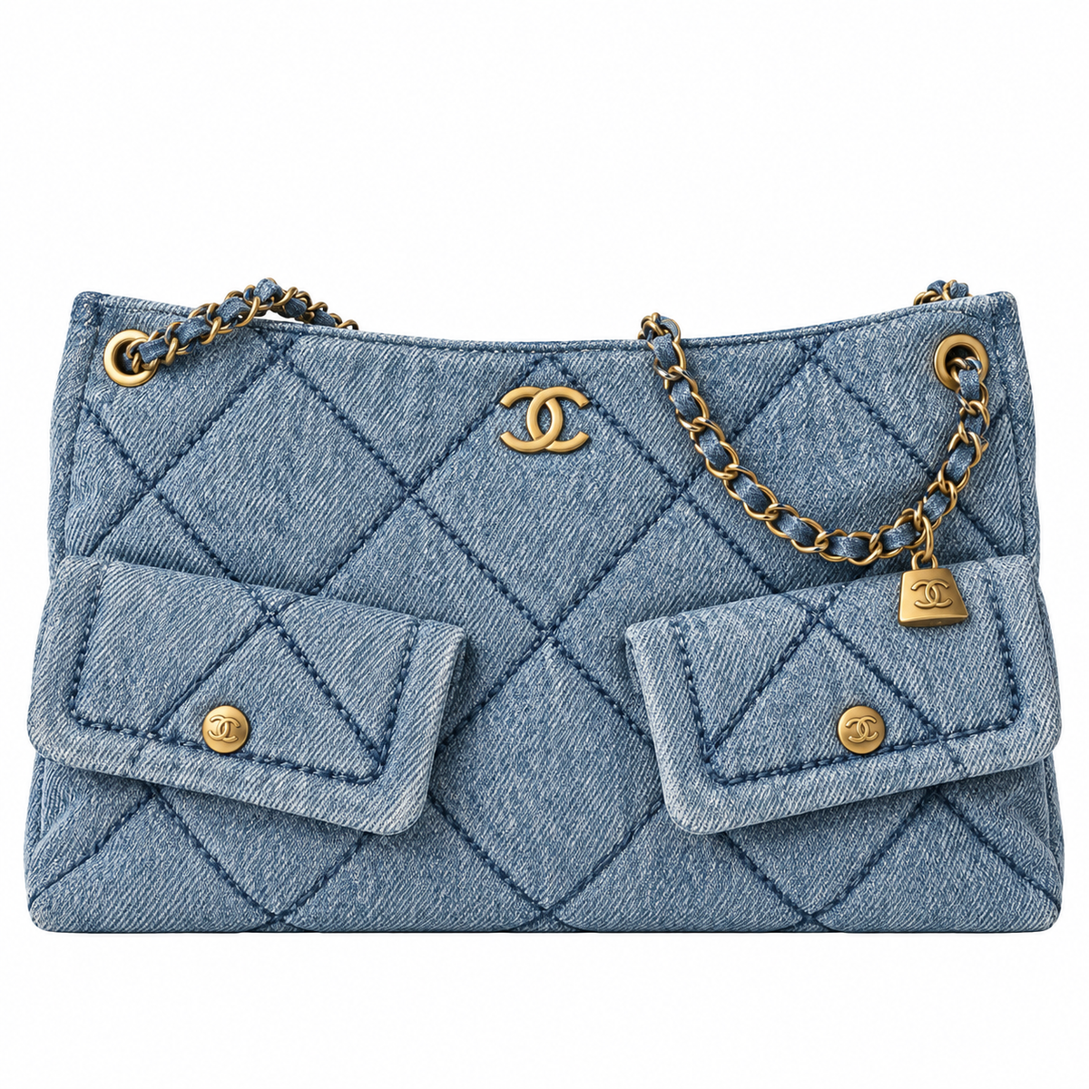 Chanel Quilted Denim Large Shopping Bag Blue 25.5×38×10.5cm