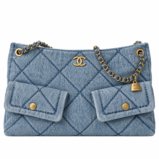 Chanel Quilted Denim Large Shopping Bag Blue 25.5×38×10.5cm