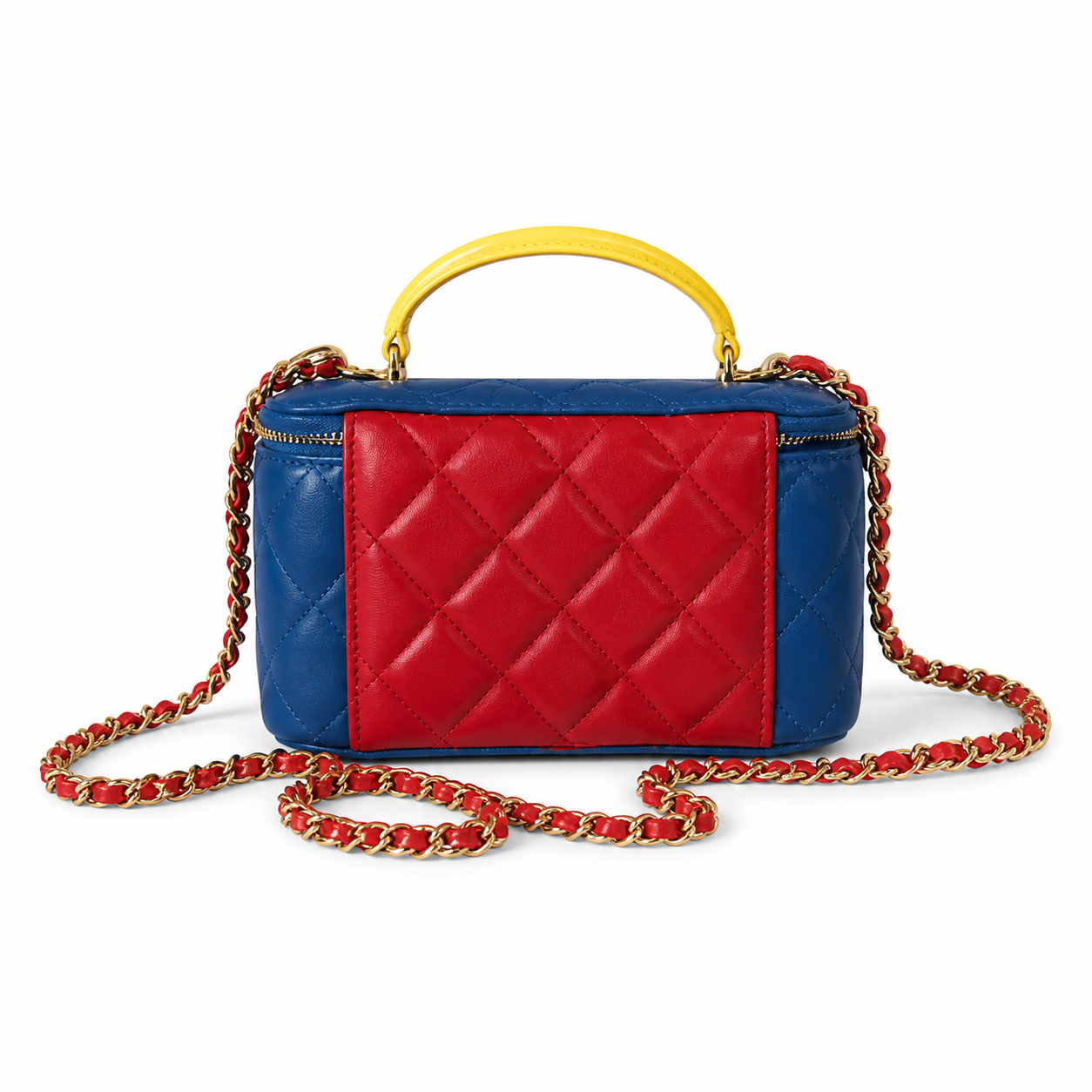 Chanel Tricolor Blue, Red & Yellow Quilted Lambskin Vanity Box | Yellow Handle — 17cm