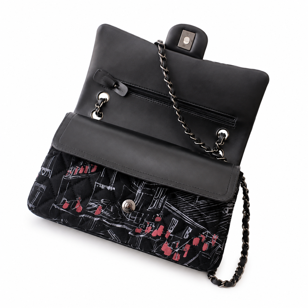 Chanel Medium Flap Bag | Embroidered Fabric Art Print Ruthenium CC Black — 20cm
