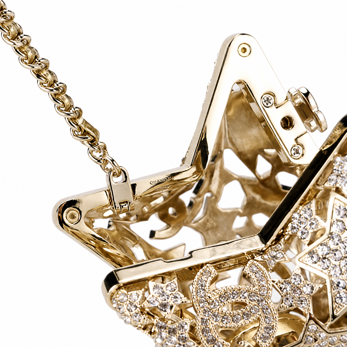 Chanel CC Pavé Crystal Star Minaudiere | Gold Filigree & Chain — 13cm