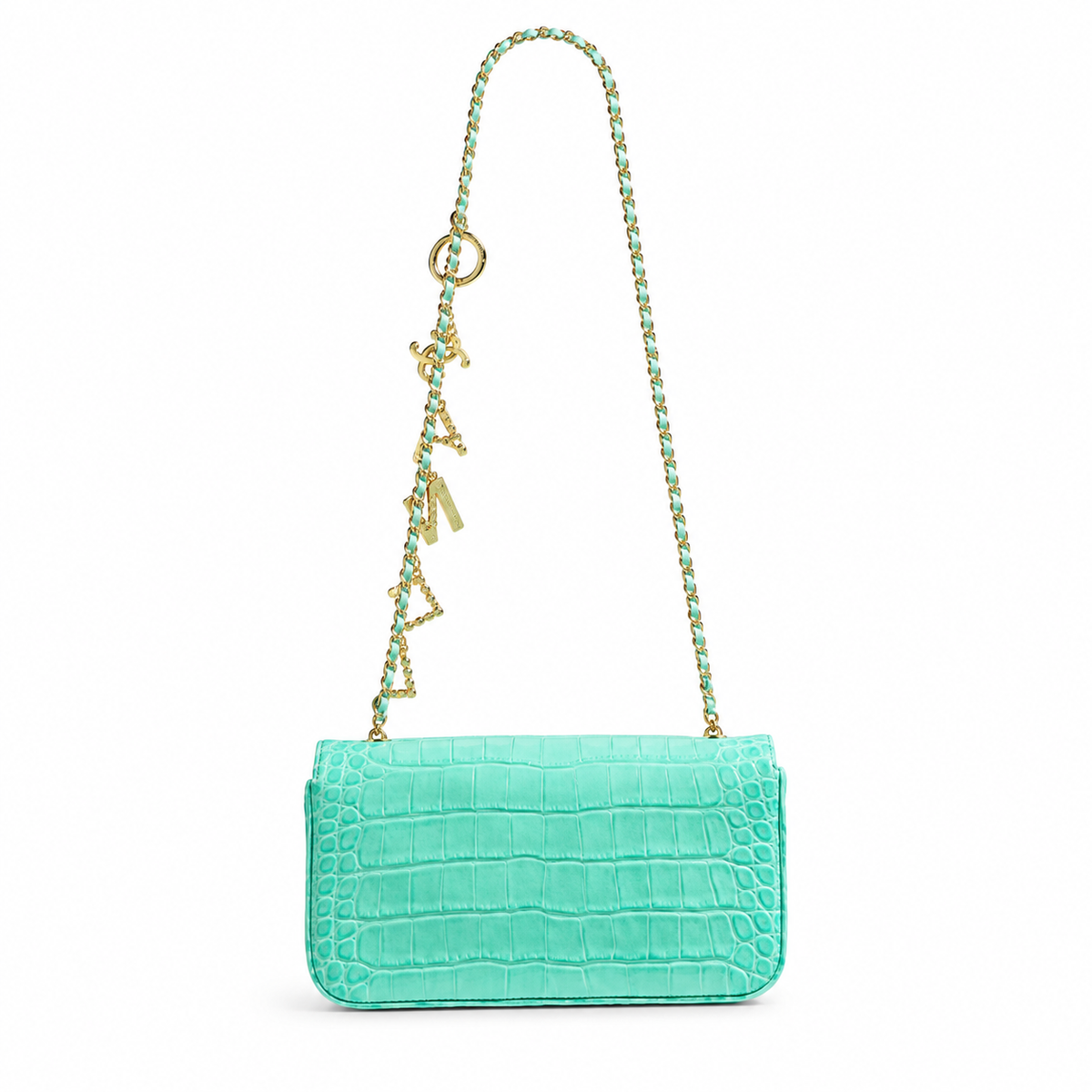 Chanel Aqua Turquoise Croc-Embossed Flap Bag | Pearl CC Turn-Lock & Letter Charm Chain