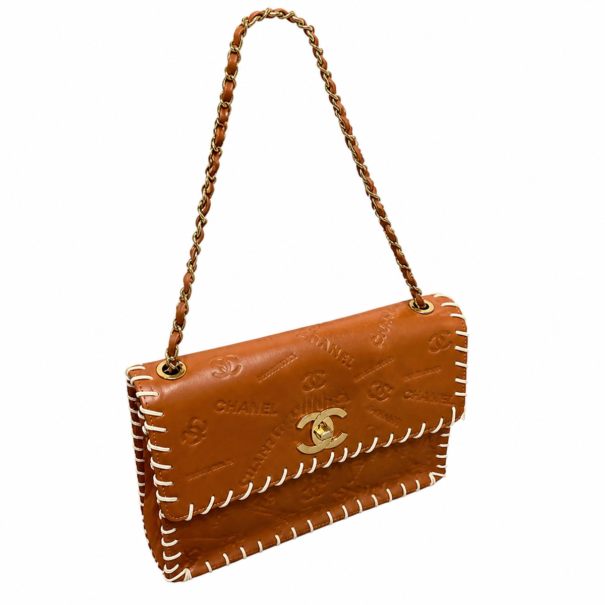 Chanel Large Flap Cognac CC Monogram Embossed | White Whipstitch & Gold Chain — 34cm