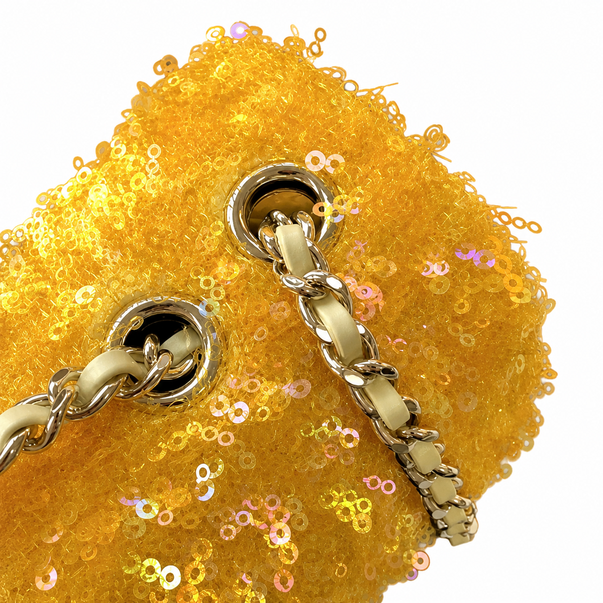 Chanel Sunflower Yellow Sequin on Bouclé Flap Bag | Silver CC & Cream Leather Interior