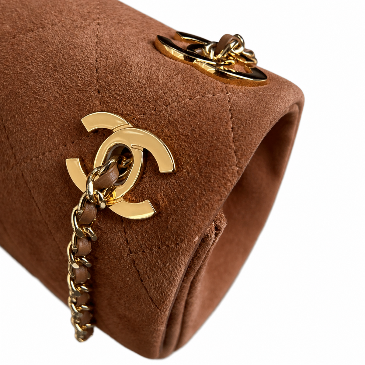Chanel Camel Quilted Suede Single Flap | Gold Square Push-Lock & CC Clips — 22cm