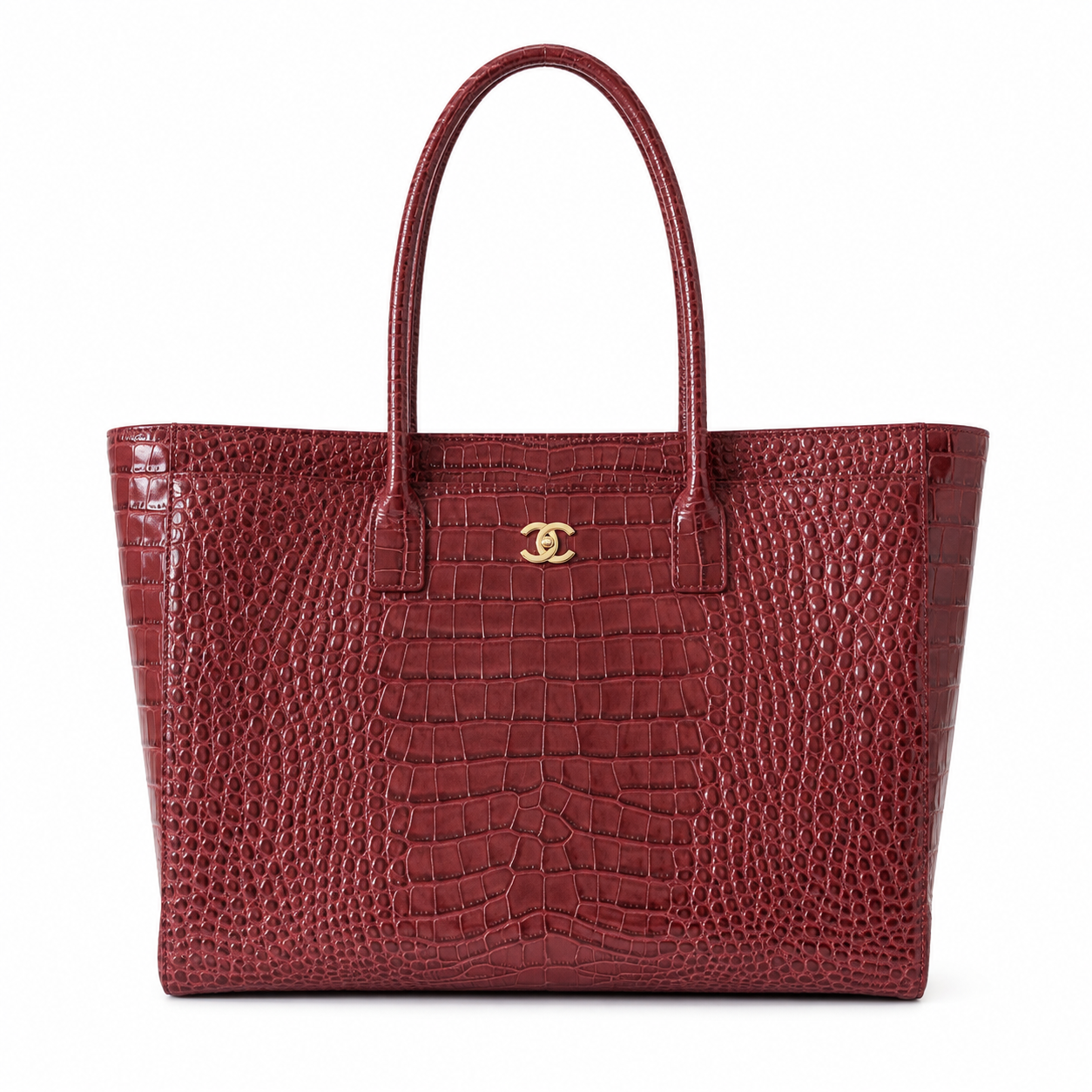 Chanel Burgundy Red Croc-Embossed Large Shopping Tote | Gold CC Turn-Lock & Tonal Handles