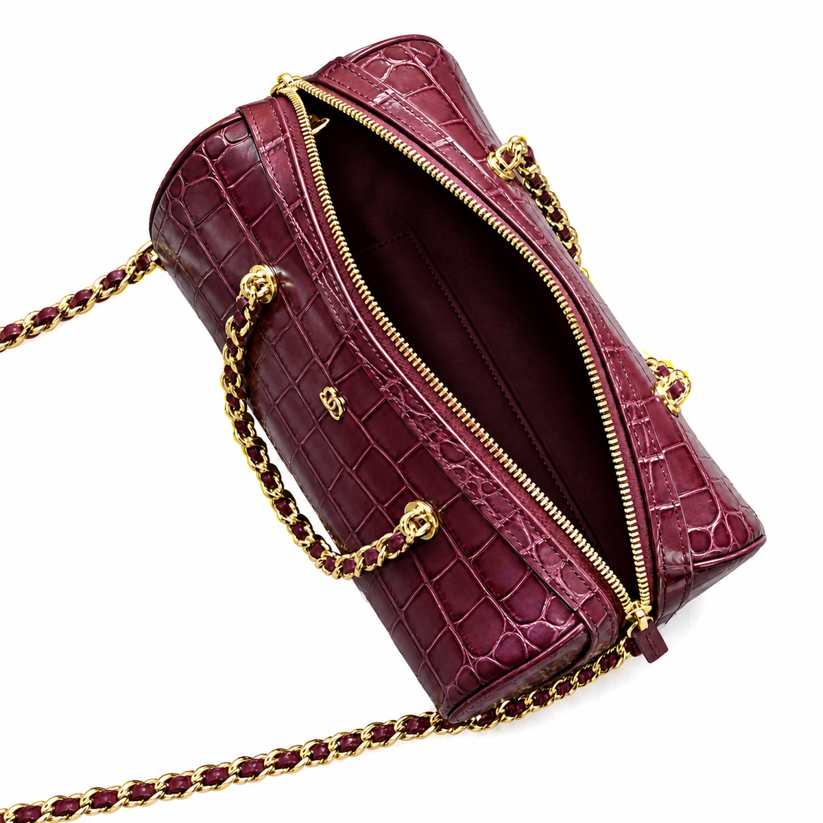 Chanel Burgundy Croc-Embossed Mini Bowling Bag | Gold CC & Chain — 19cm