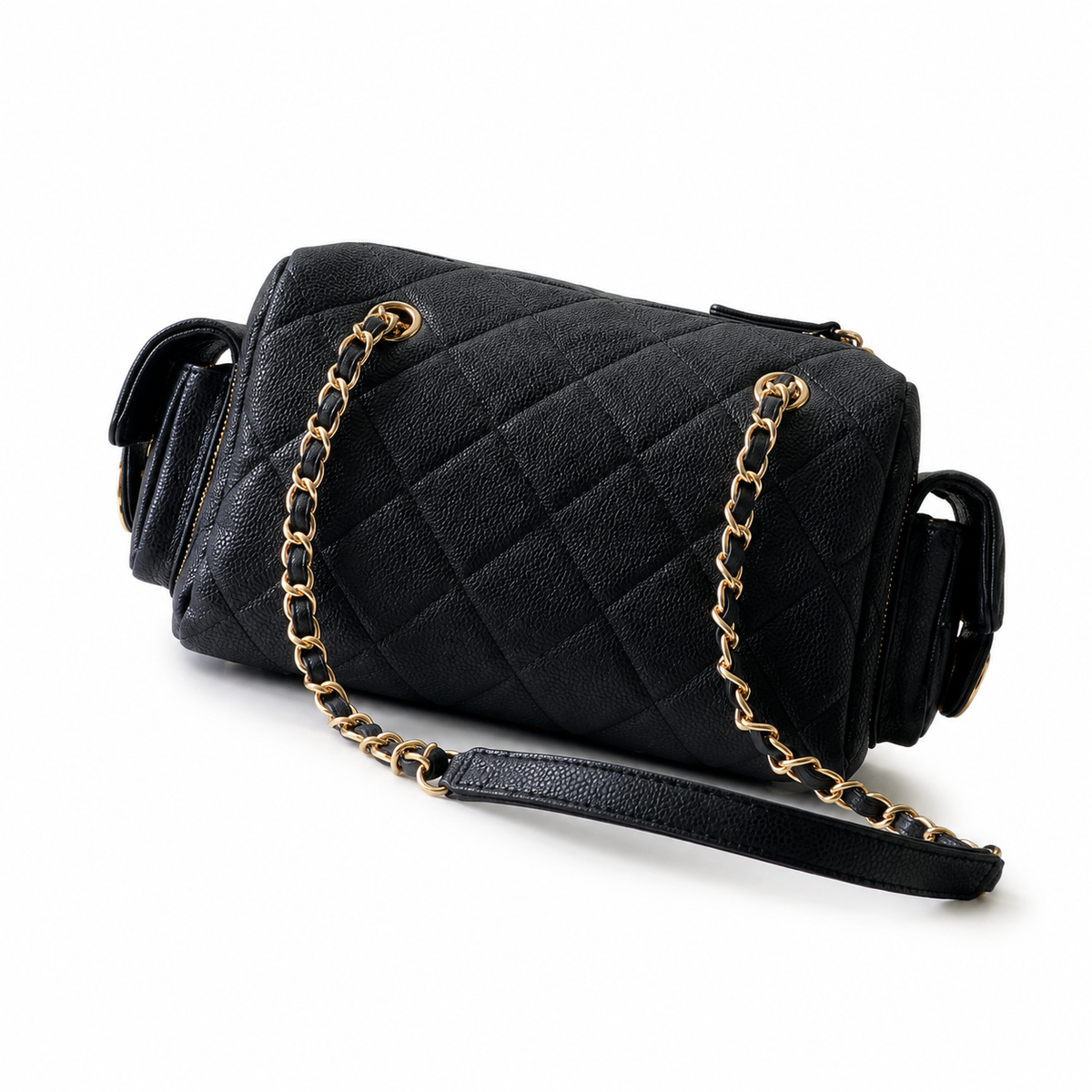 Chanel Black Caviar Leather Quilted Camera Bag | Oversized Antique Gold CC, Side Pockets & Double Chain with Leather Strap