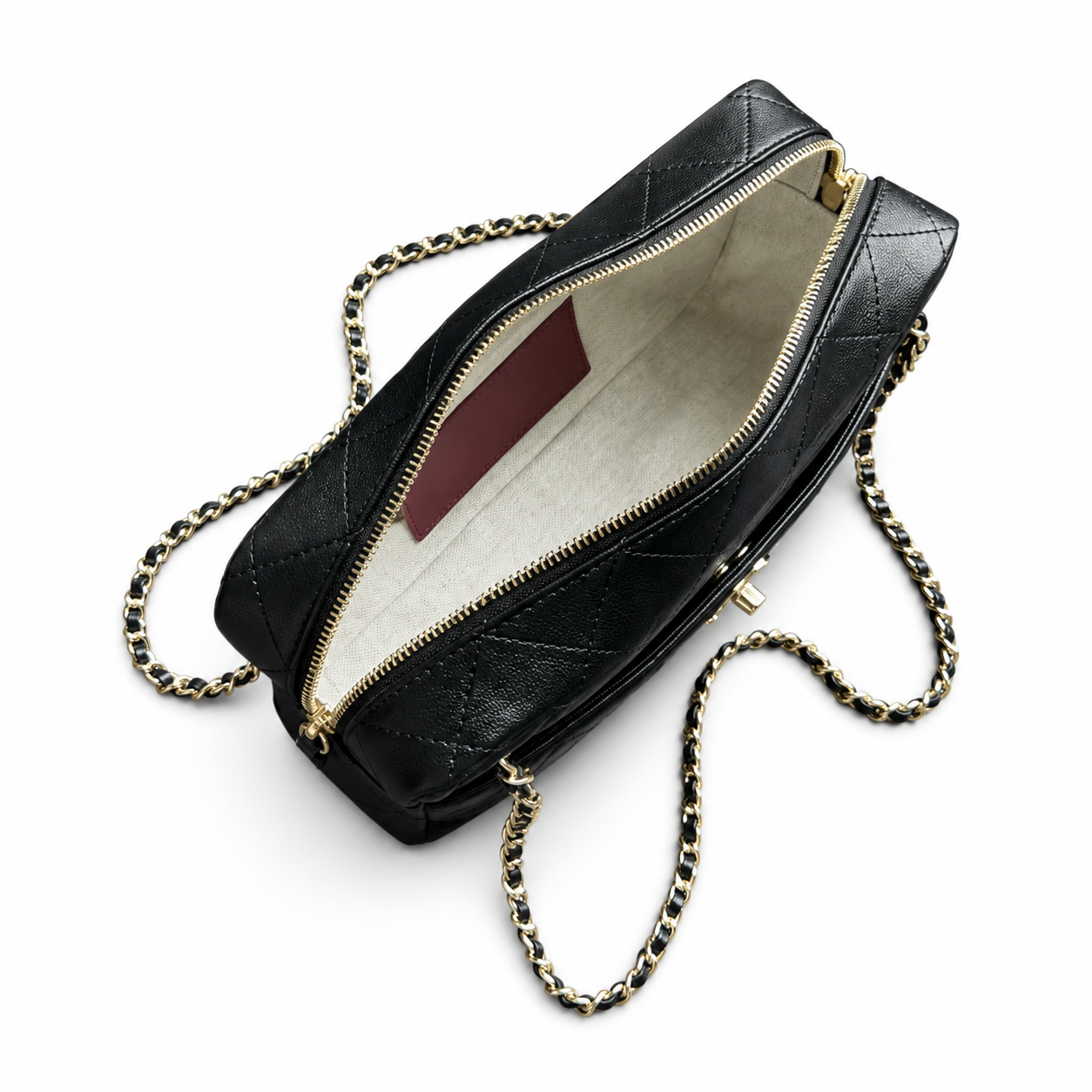 Chanel Black Lambskin Quilted Camera Bag | CC Turn-Lock Lid, Top Zip & Leather-Woven Chain