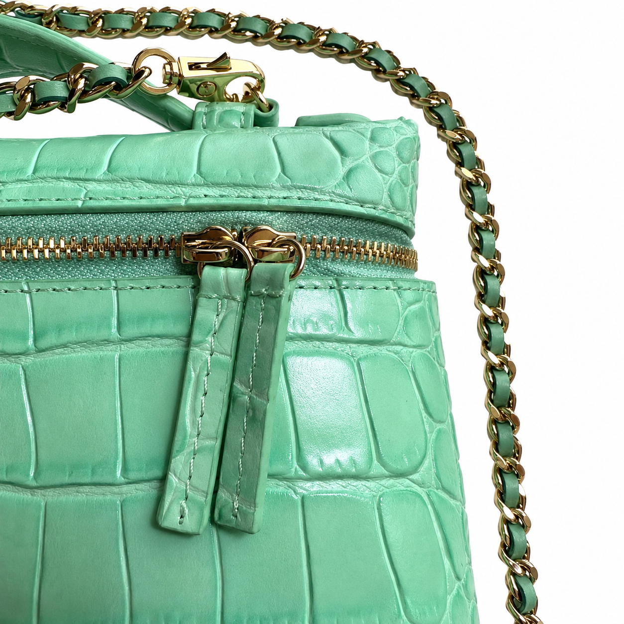 Chanel Mint Green Croc-Embossed Patent Vanity Case | Gold CC Logo, Top Handle & Tonal Chain