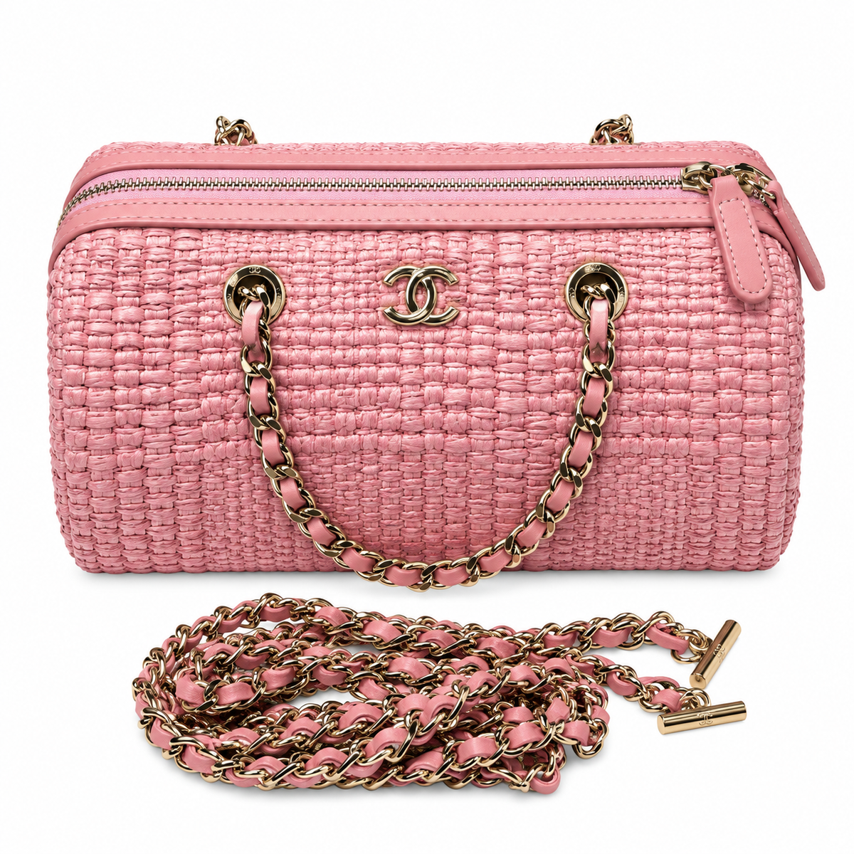 Chanel Raffia Barrel Bag Woven Pink Rose Gold Chain 18.5cm
