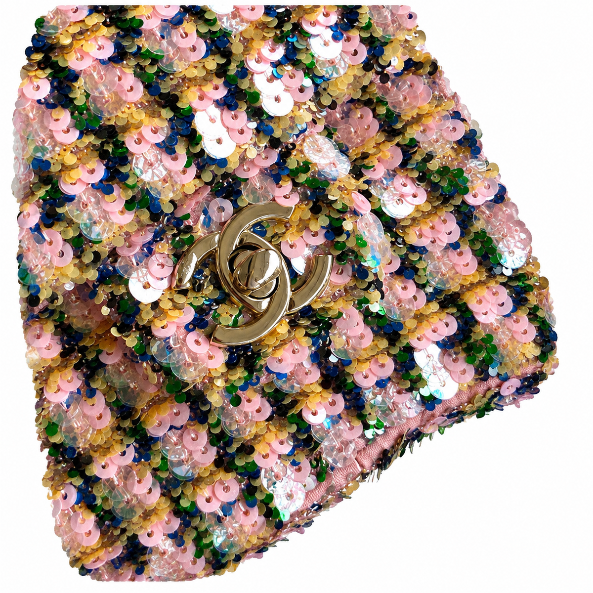 Chanel Pink Tweed-Stripe Sequin Flap Bag | Rose Gold Chain, Gold Rectangular CC & Bright Pink Interior