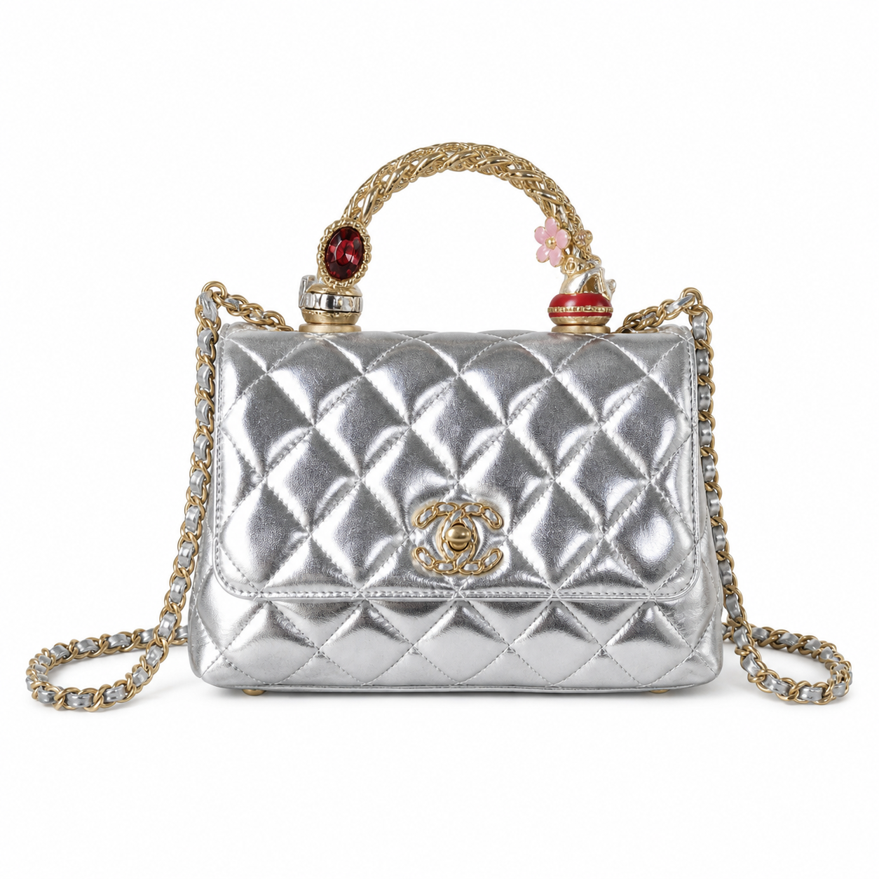 Chanel Silver Quilted Lambskin Mini Flap | Jeweled Gold Handle & Ruby Gemstone — 19cm