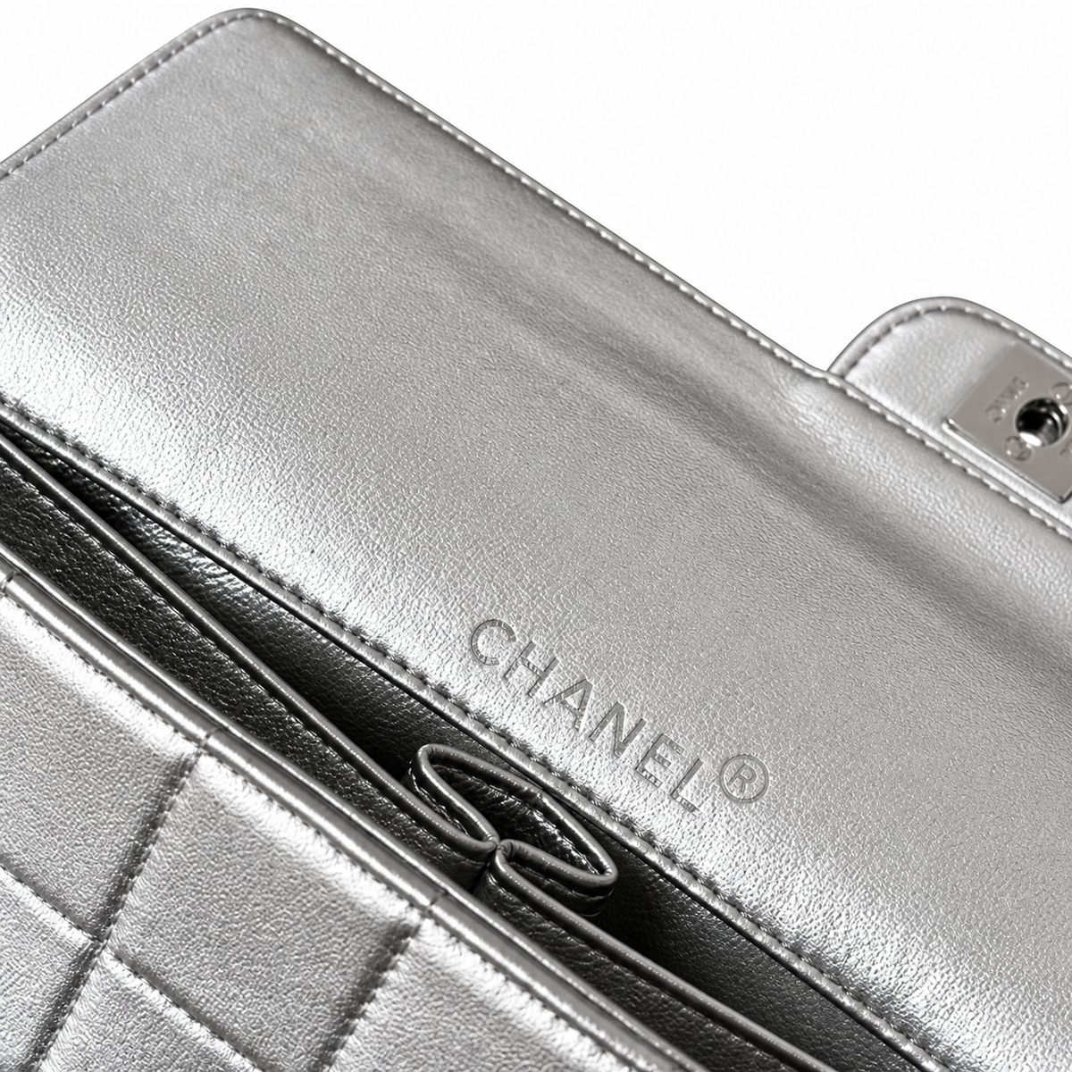 Chanel Metallic Square Quilted East West Flap Bag Silver 26cm
