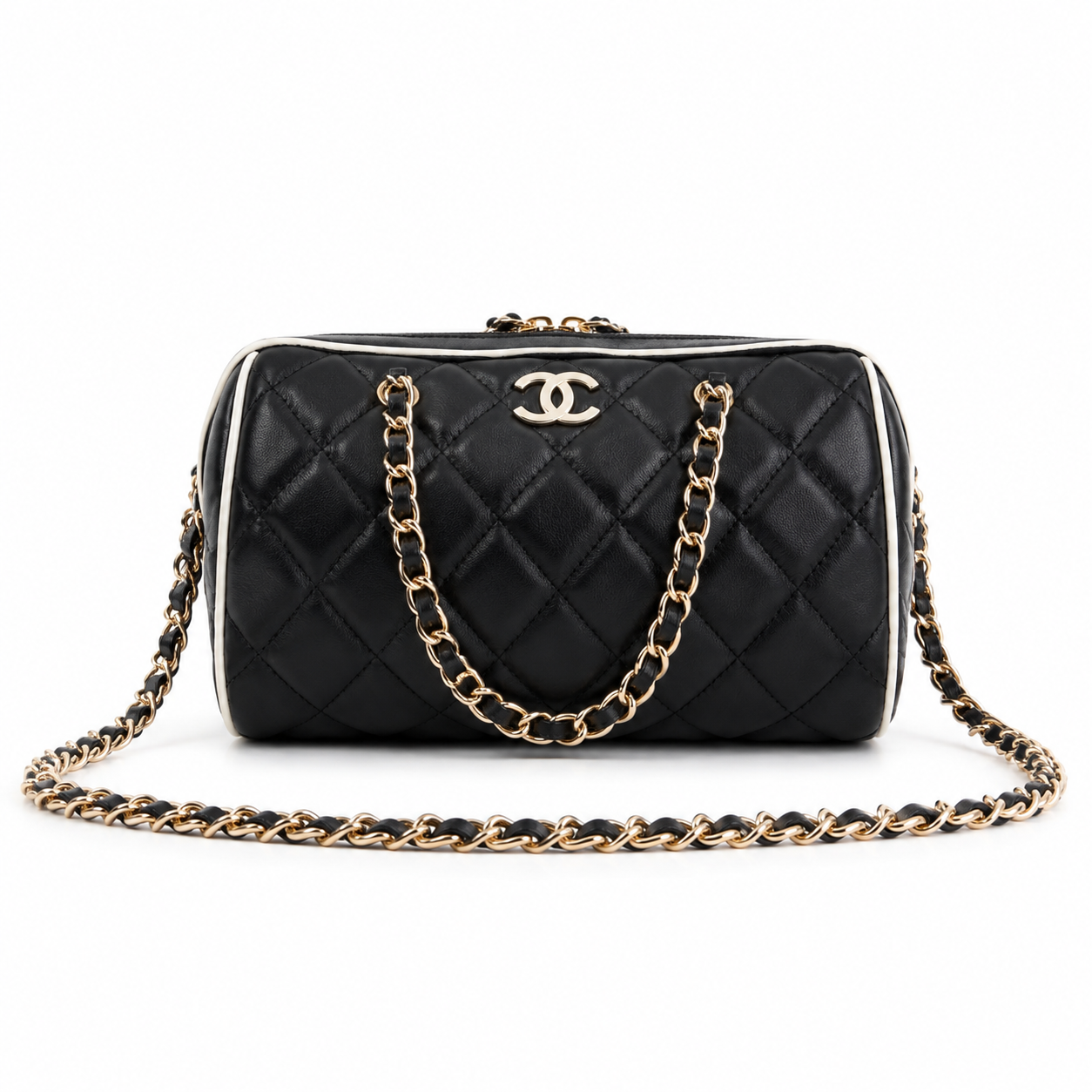 Chanel Quilted Barrel Bag | CC Logo Gold Chain Black White — 11.5x18.5cm