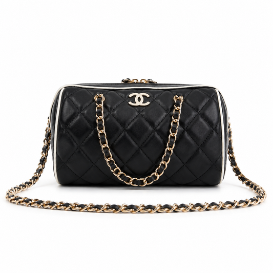 Chanel Quilted Barrel Bag | CC Logo Gold Chain Black White — 11.5x18.5cm