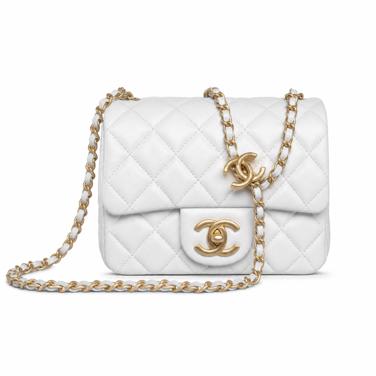 Chanel Mini Square Flap White Lambskin | Oversized CC Turn-Lock & Gold CC Charm — 18cm