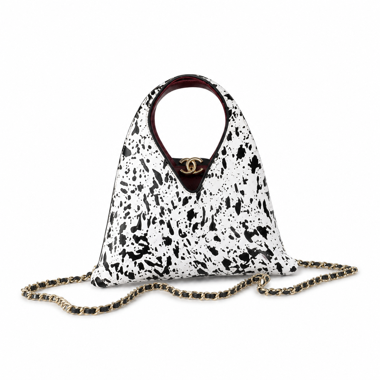 Chanel White Leather Ink-Splatter Triangle Pyramid Bag | Oxblood Handle & Interior — 23cm
