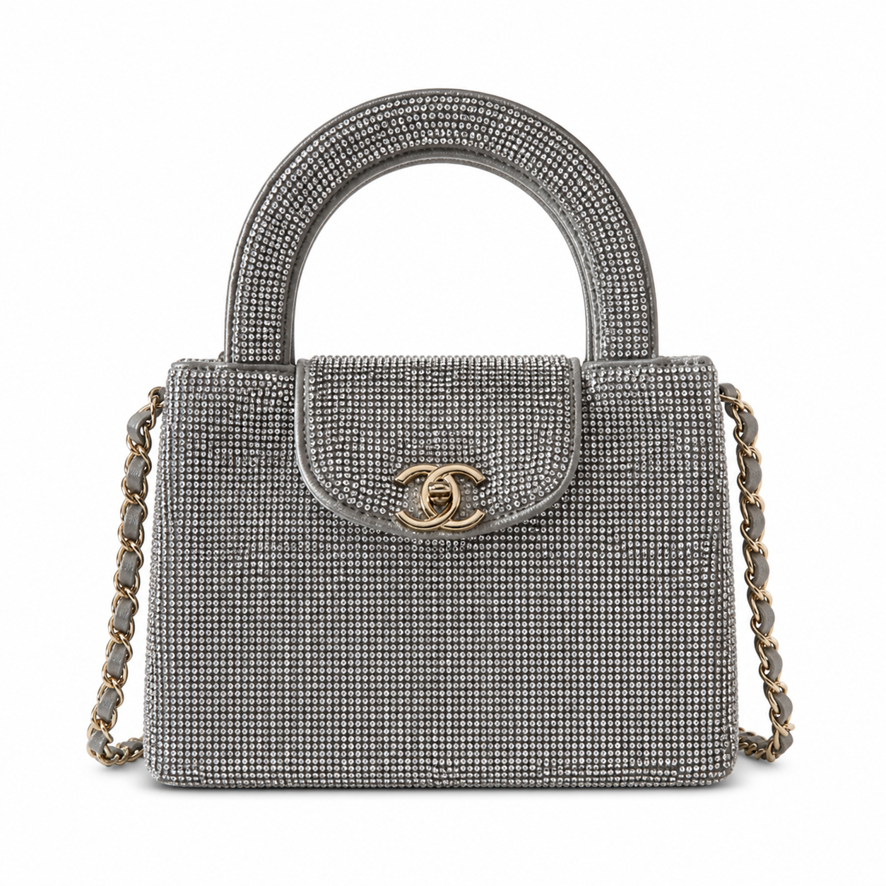 Chanel Silver Crystal Mini Top-Handle Flap | Gold CC Turn-Lock & All-Chain Strap — 19cm
