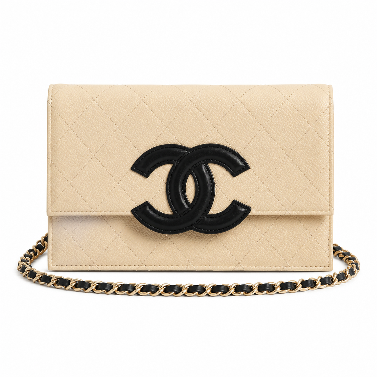 Chanel Beige Caviar WOC | Contrast Black CC & Black Chain — 19cm