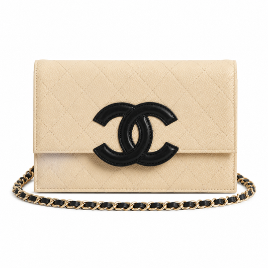 Chanel Beige Caviar WOC | Contrast Black CC & Black Chain — 19cm