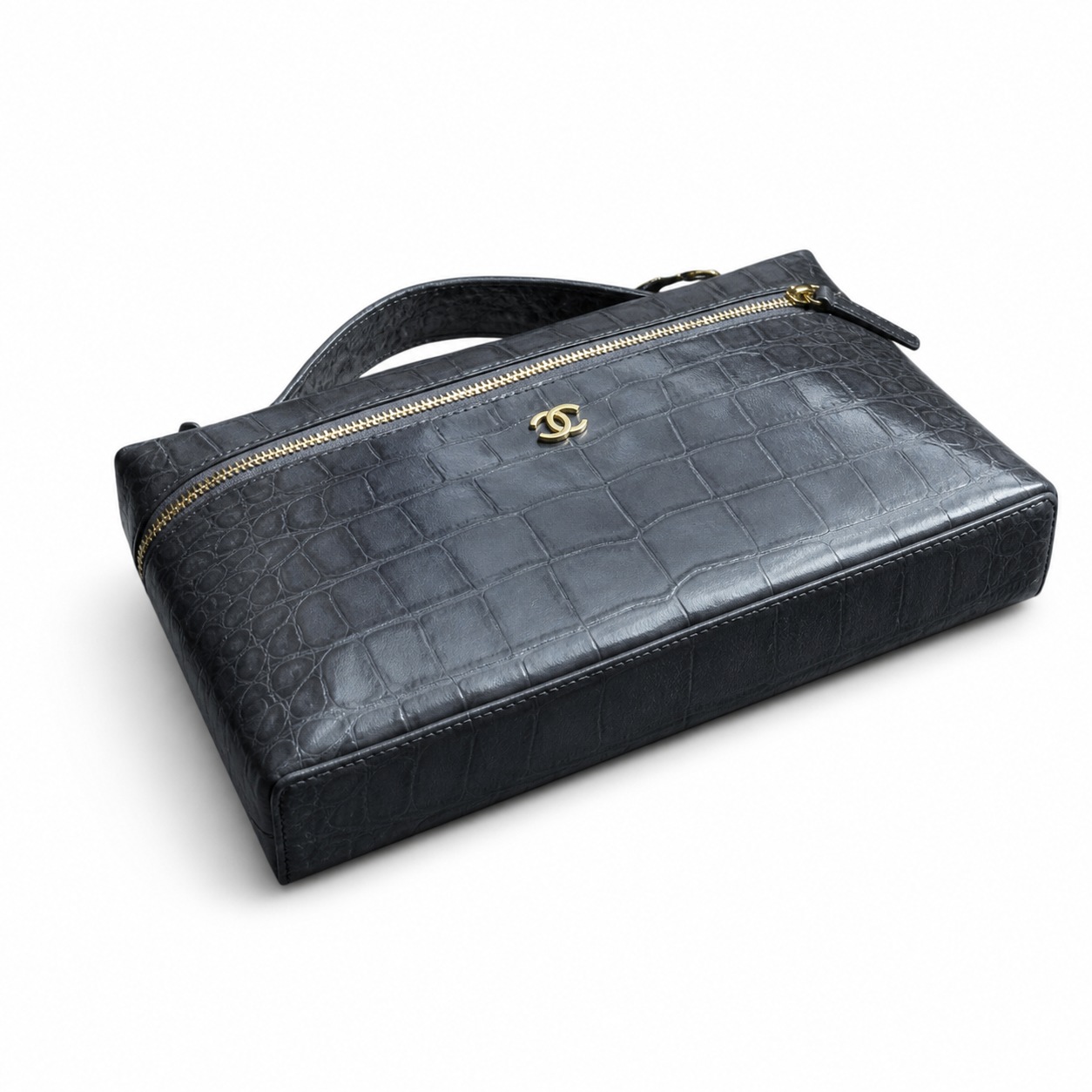 Chanel Slate Blue-Grey Croc Zip-Top Boxy Tote | Gold CC & Burgundy Interior — 29cm