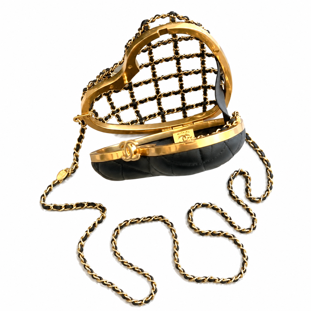 Chanel Quilted Minaudière Evening Clutch | Gold Frame CC Chain Black — 12x11cm