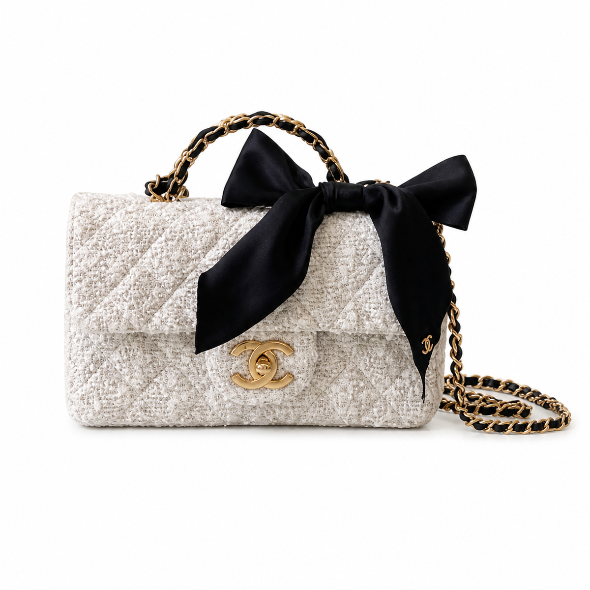Chanel Quilted Flap Bag White Sparkle Tweed | Black Satin Bow & Gold Chain — 20cm