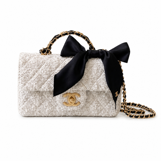 Chanel Quilted Flap Bag White Sparkle Tweed | Black Satin Bow & Gold Chain — 20cm