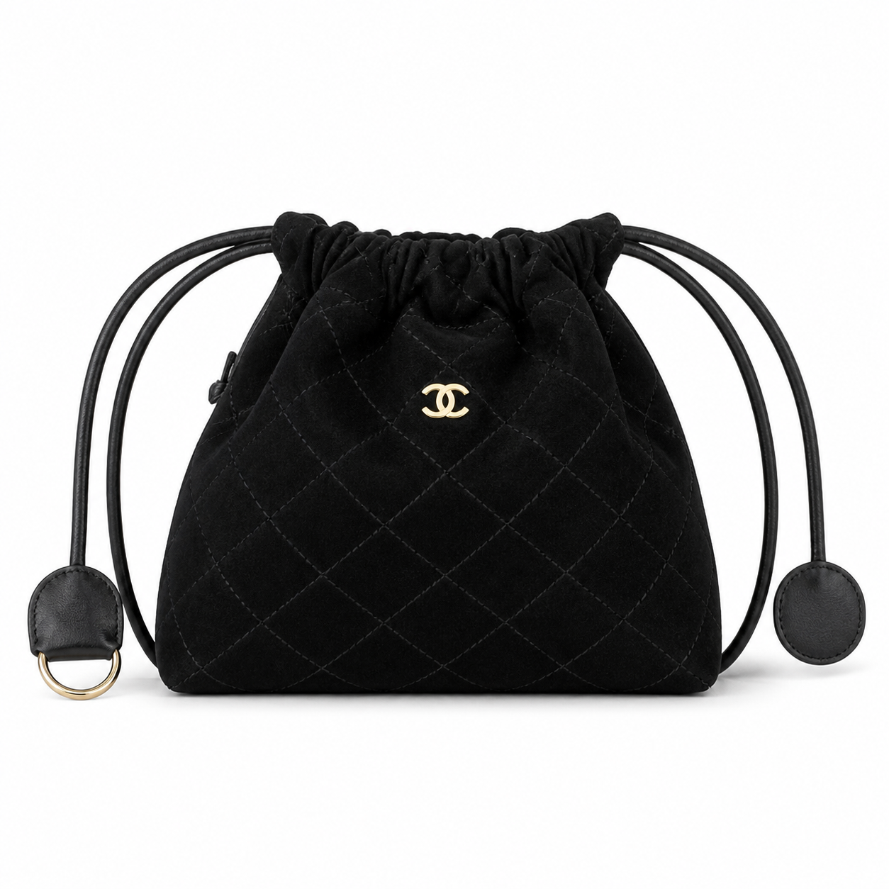Chanel Black Quilted Suede Drawstring Bucket Bag | Gold CC Charm & D-Ring — 22cm