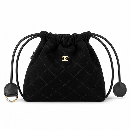Chanel Black Quilted Suede Drawstring Bucket Bag | Gold CC Charm & D-Ring — 22cm