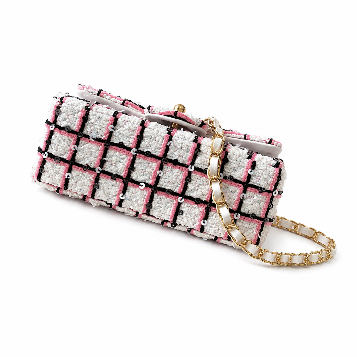 Chanel Tweed Crystal Flap Bag | Gold Chain Pink White Black — 20cm
