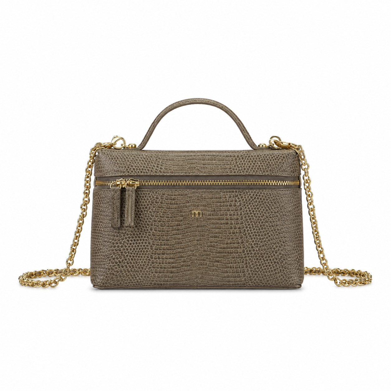 Chanel Warm Taupe Lizard-Embossed Mini Top-Handle Bag | Gold Chain, Zip Top & Card Slots