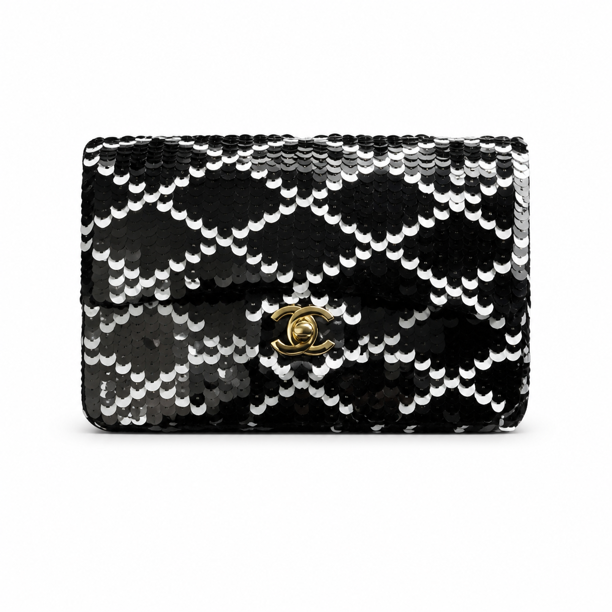 Chanel CC Sequin Flap Bag | Black & Silver Sequin & Gold — 21cm