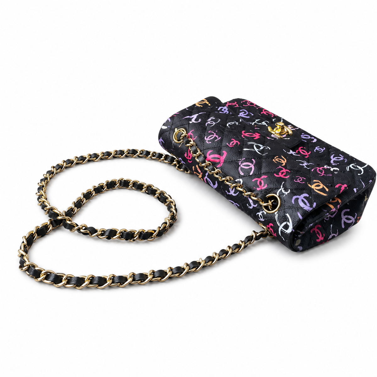 Chanel CC Print Classic Flap Bag | Black Quilted Satin — 23cm